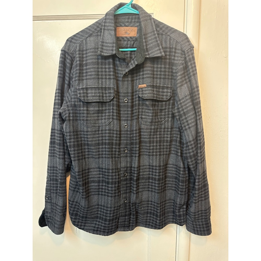 Orvis Mens Grey Black Plaid Flannel Button Down Shirt Medium Long Sleeve Pockets